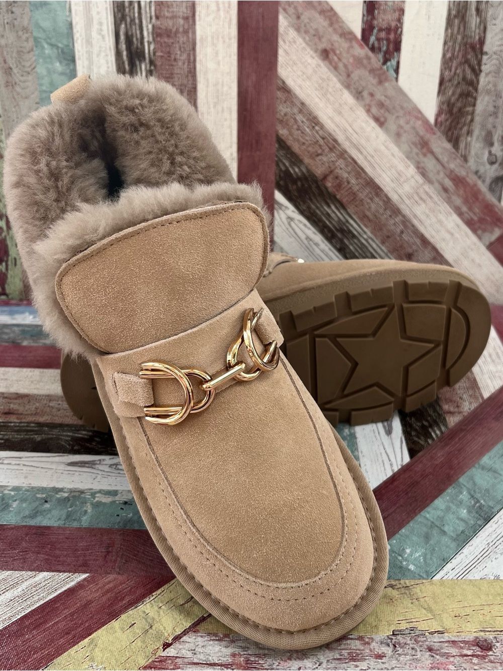 Lonza Puff Gold Buckle Beige Winter Boots Shoes EUC Suede Real Fur SZ 9-9.5